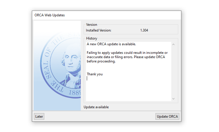 ORCA software update introductory screen