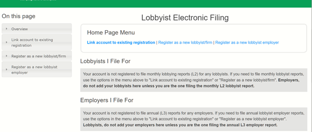 Lobbyist Electronic Filing landing page