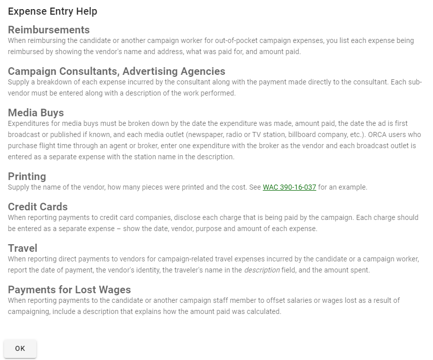 Screenshot of ORCA showing expense entry help categories