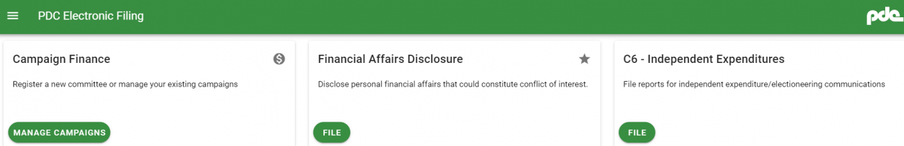 Screen image of PDC Electronic Filing page listing C-6, Campaign Finance and Financial Affairsd 