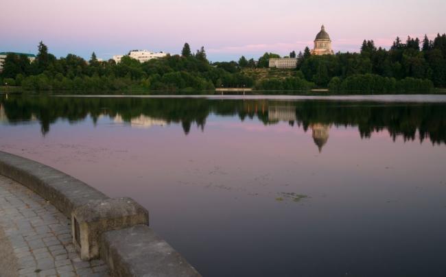 Photo of Capitol Lake in Olympia, WA with the state Capitol in the background